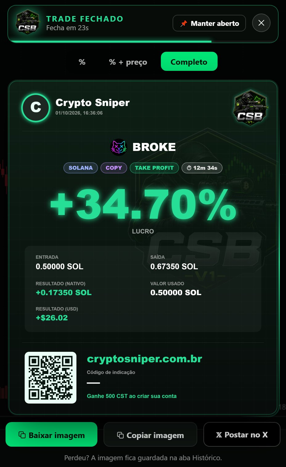 Trade result card